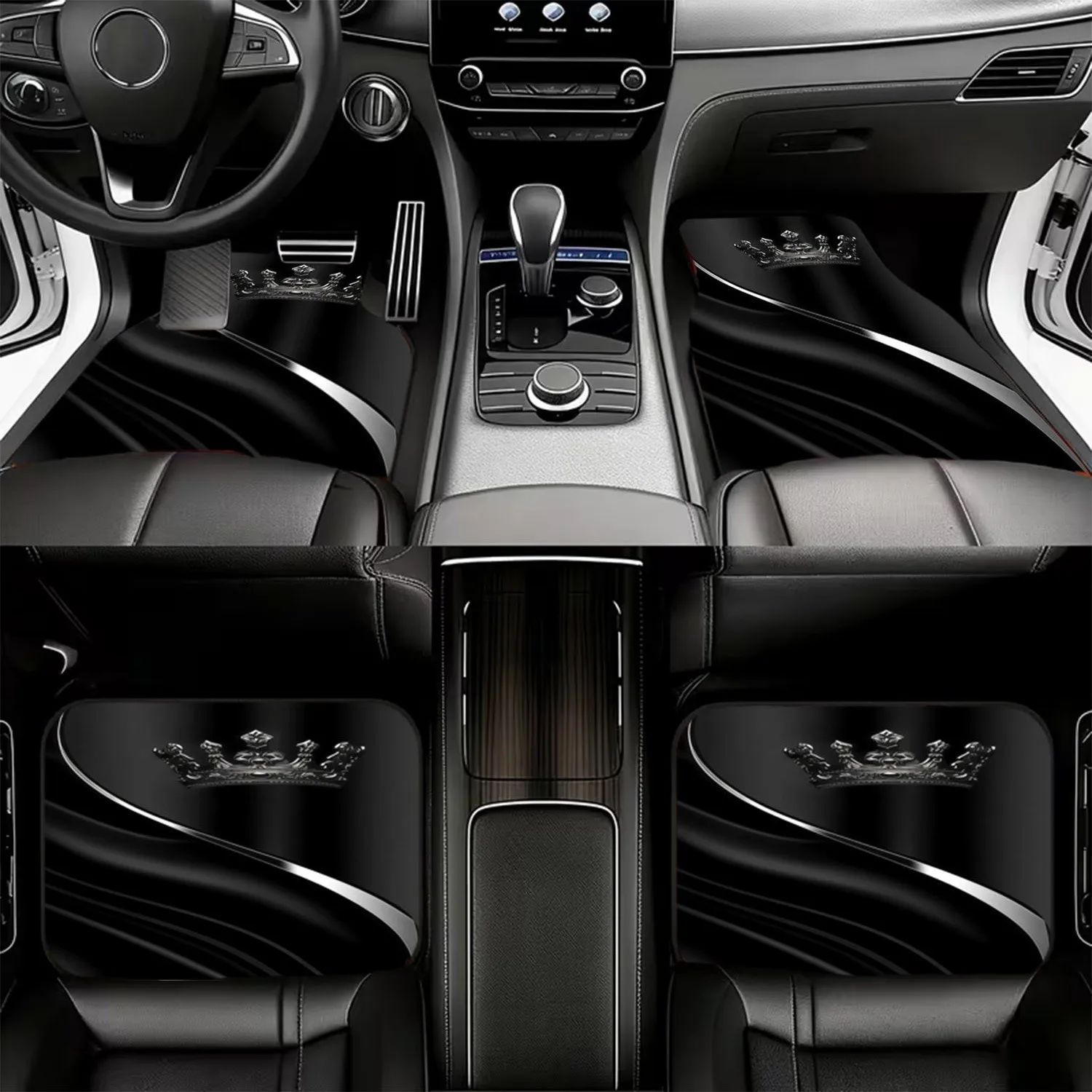 4pcs Luxury Crown-Themed Car Floor Mats | Elegant Regal Interior Additions, Durable & Stylish Polyester Auto Foot Mats For Vehic