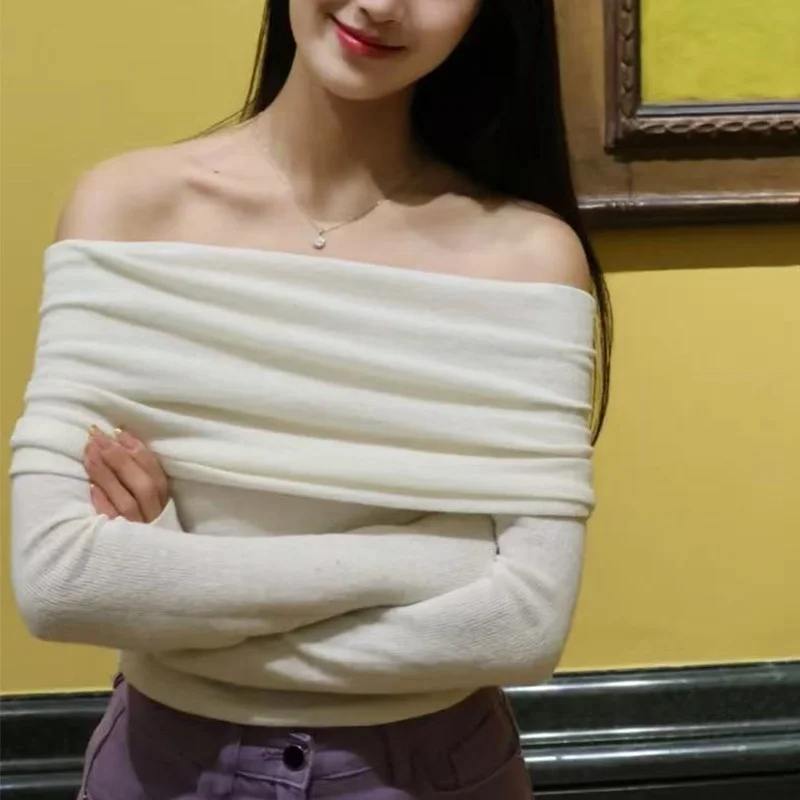 Fashion Knitted Sweater Strapless Pleated Off Shoulder Long Sleeve Womens Knit Top A Must Have Casual Item For Spring And Autumn