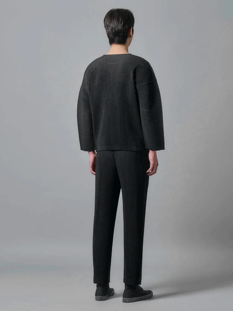 MIYAKE Wrinkle New Basic Style Loose-Fitting Casual Shoulder-Opening Base Layer Shirt Round Neck Long Sleeve T-Shirt