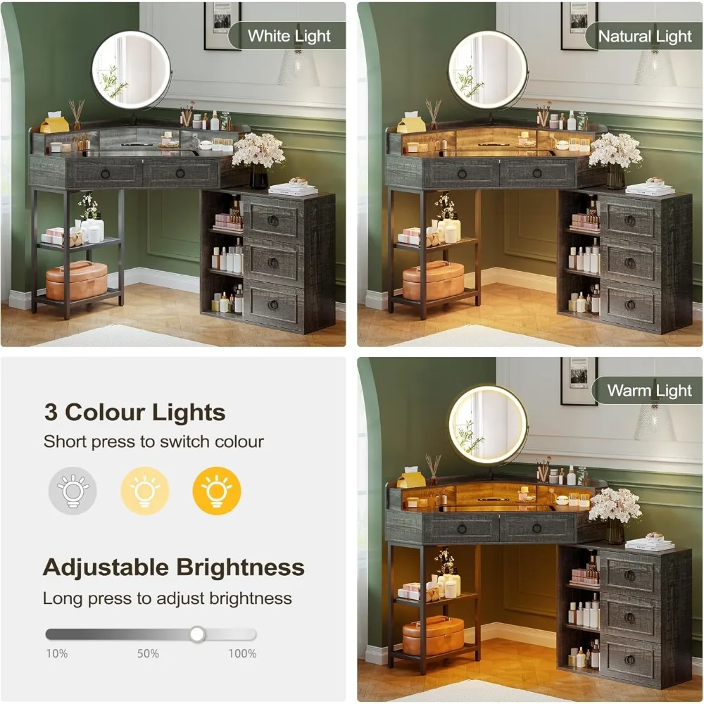 مكتب زينة زاوية بنية مع مرآة وأضواء LED ومحطة شحن