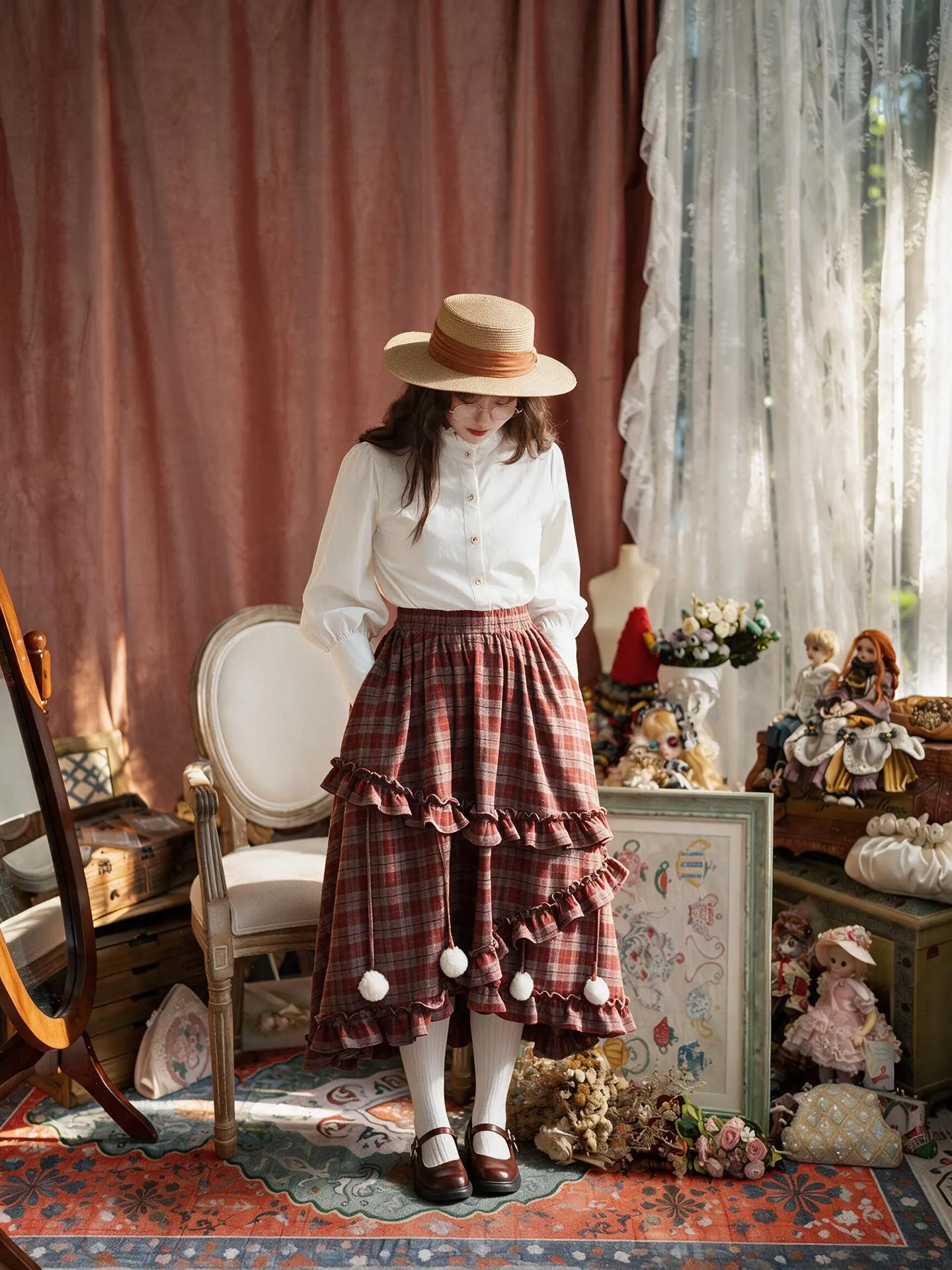 TIYIHAILEY-Long Mid-Calf Skirts Women, Elastic Plaid Skirts, Spring Autumn,New Fashion High Low Ruffles Red Winter 2026 New