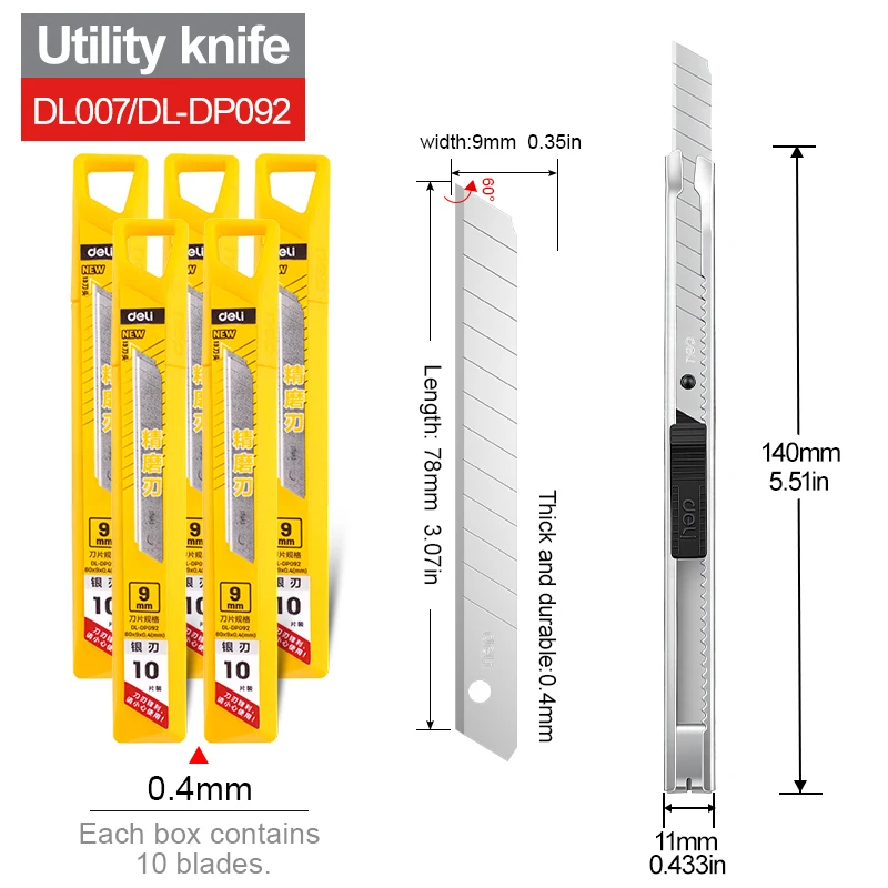 9mm Heavy Duty Utility Knife SK5 Staal Legering Lemmet 60 ° Zilverkleurige rand 0,4 mm dikke tapijt- en behangsnijder