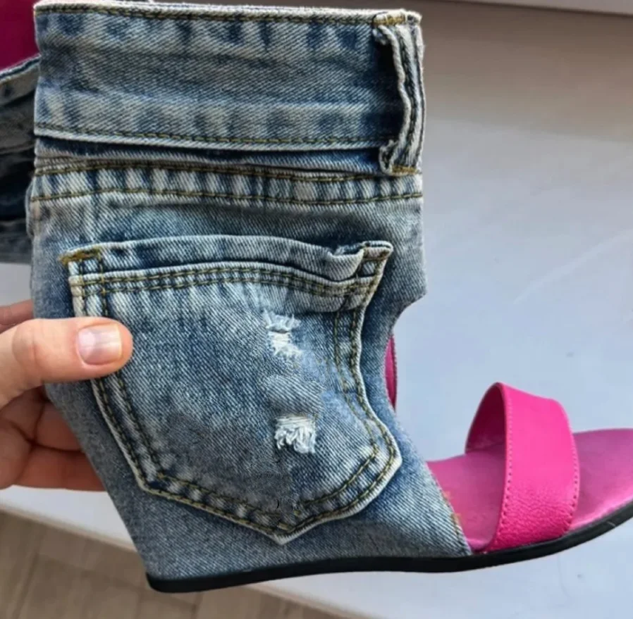 Pink blue denim summer ankle boots women's sexy wedges open toe high heels cool luxury pocket luxury designer party sandals