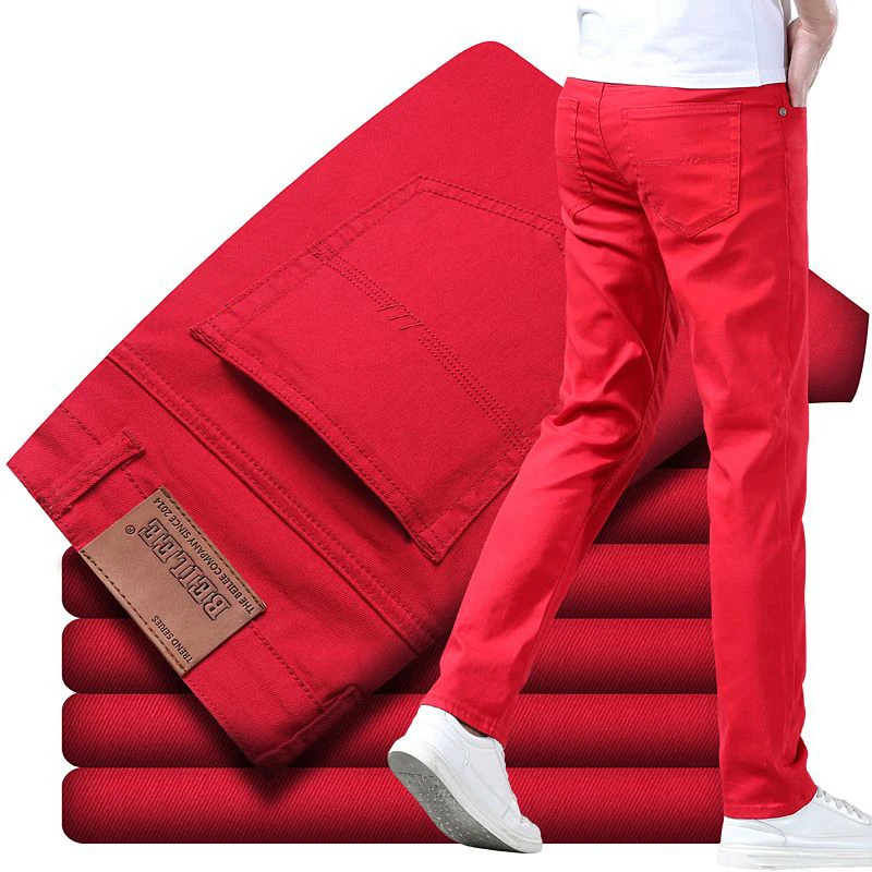 New High Quality Men\'s Trend Yellow Red White Jeans 2024 Spring Autumn Male High Waist Casual Pants Classic Brand Denim Trousers