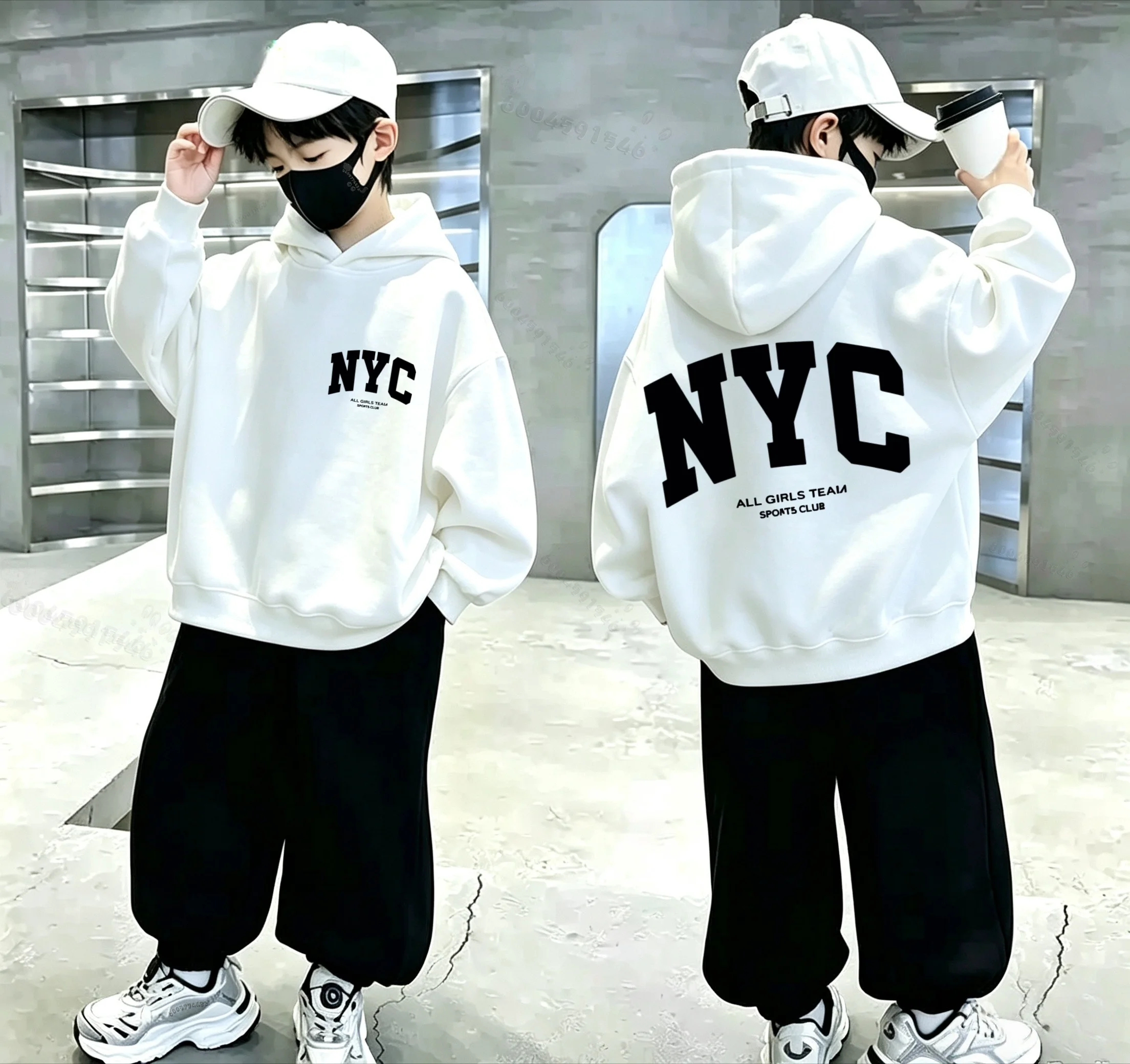 Retro New York Letter Double-sided Printed Children's Hooded Sweatshirt - Boys' and Girls' Casual Loose-Fitting Pullover Sweater