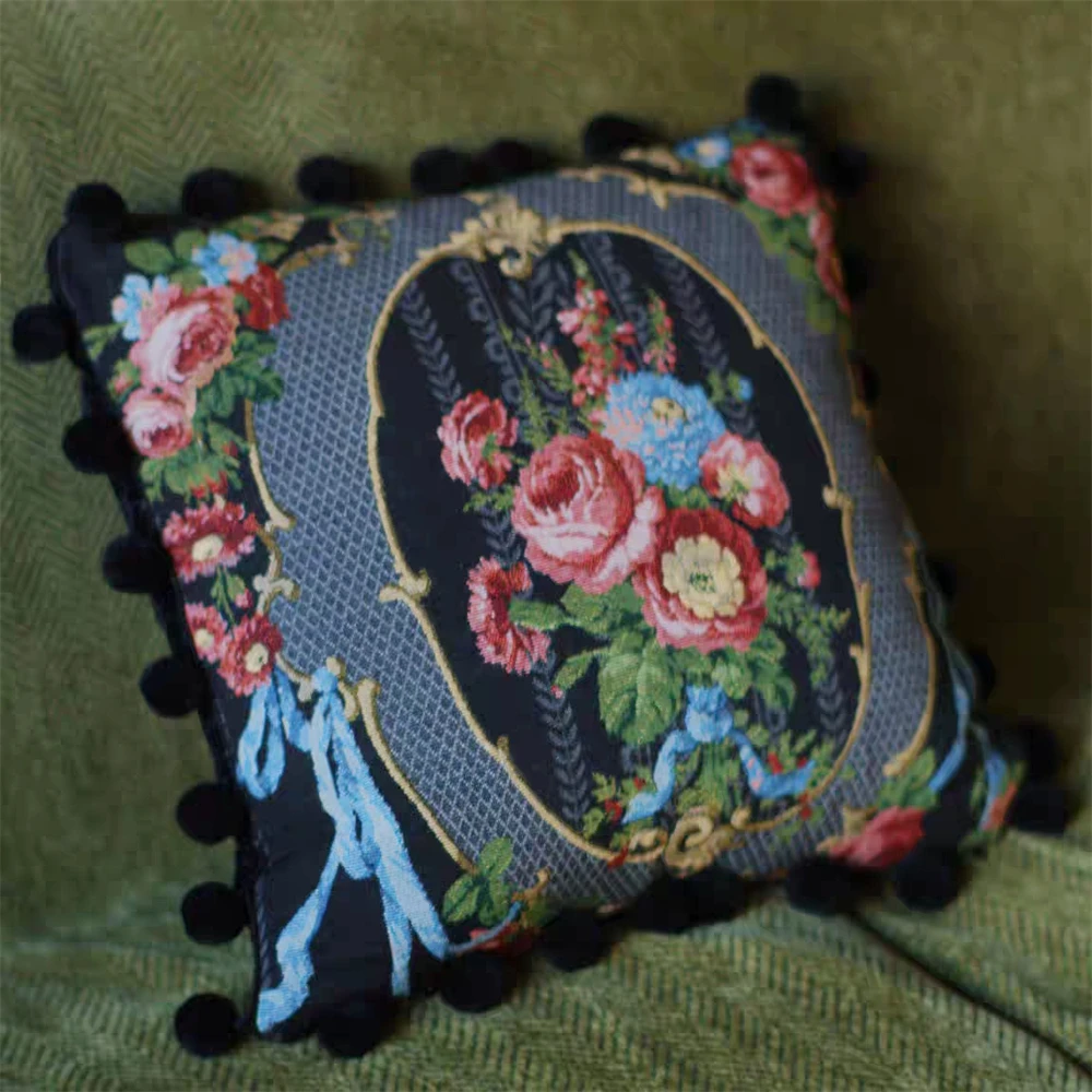 French Rose Jacquard Sofa Pillow Vintage Cushion Home Decoration Living Room Pillow Velvet Fabric Pillow Removable And Washable