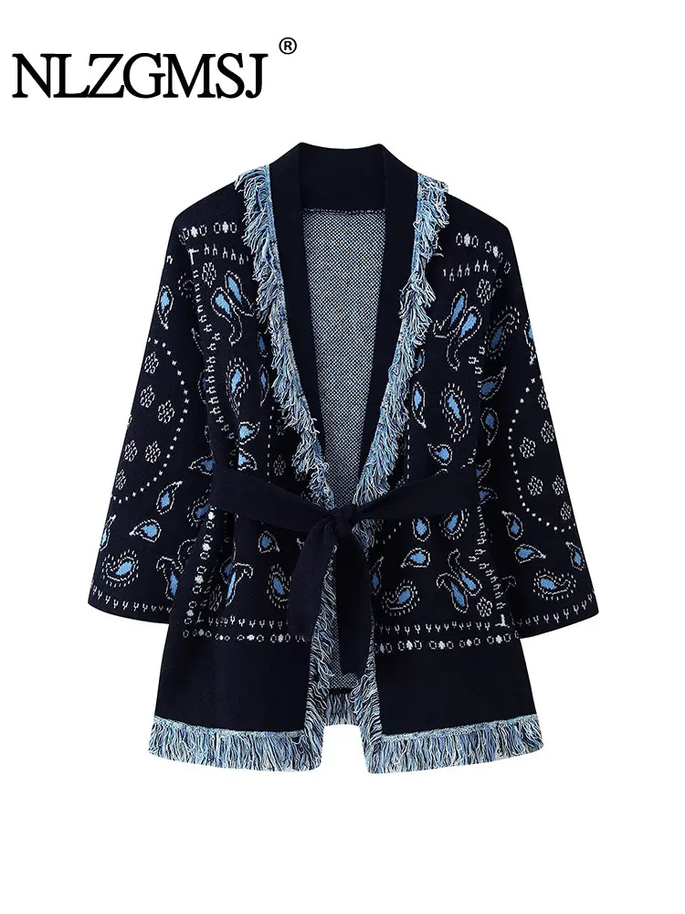 

NLZGMSJ Vintage Knitted Women Loose Jacket Autumn Long Sleeve Tassels Trims Open Front Coat Female Cardigan With Belt Y2K ﻿