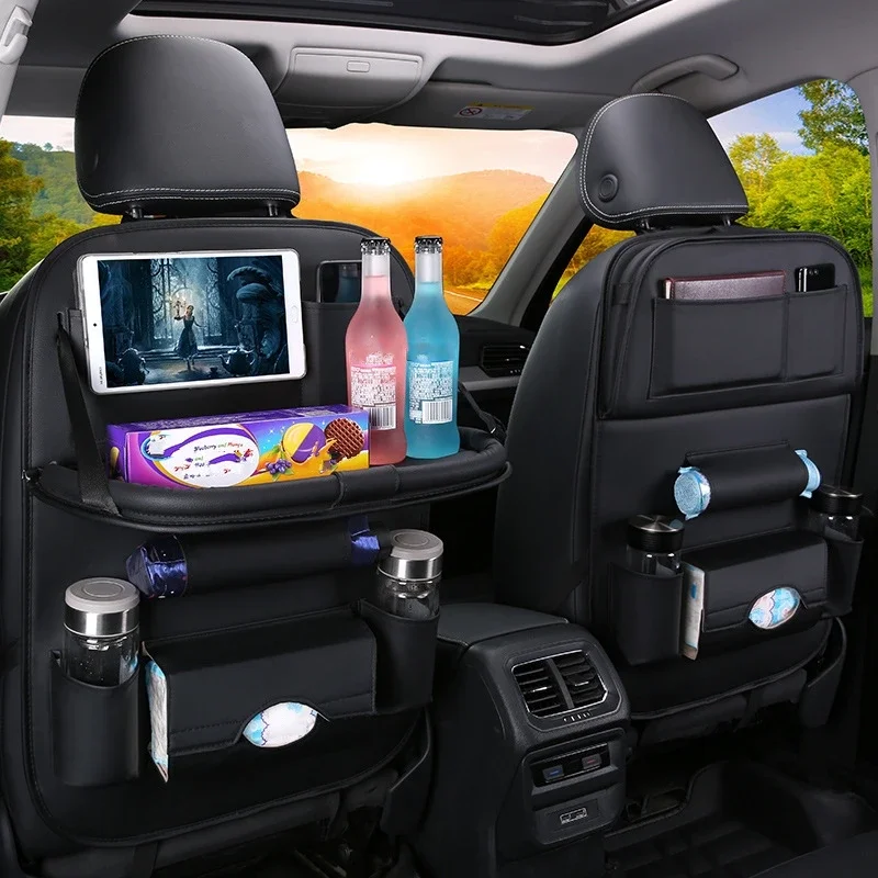 Car Seat Back Organizer with Foldable Table Tray, PU Leather Storage, Pockets, Kick Mats, Interior Accessories