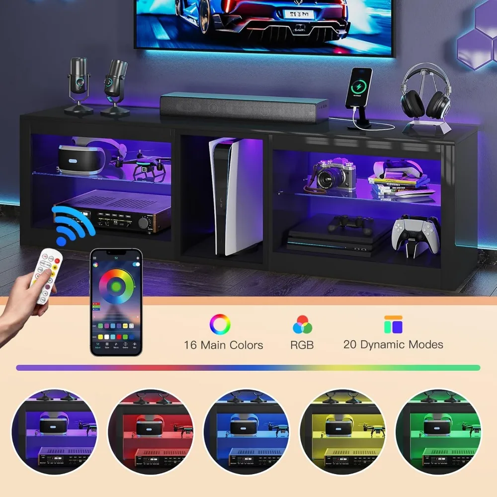 حامل تلفزيون LED عالي اللمعان مقاس 63 بوصة مع مخرج طاقة لتلفزيون 70 بوصة، ومركز ترفيه الألعاب لجهاز PS5، وحدات تحكم تلفزيون مع ضبط