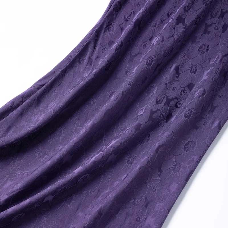 Birdtree Women's 100%  Silk Dress,Bias-cut Solid Sangpu Satin Jacquard O-neck Short Sleeved Dresses,2025 Summer D55744JF