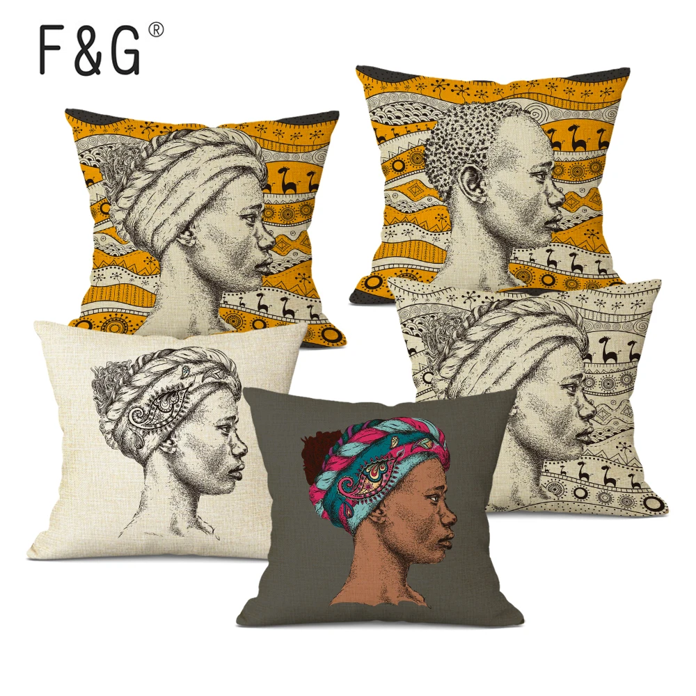 African Style Cushion Cover African Woman Wearing Headscarf  Decorative Pillow Case Linen Throw Pillow for Home Decor