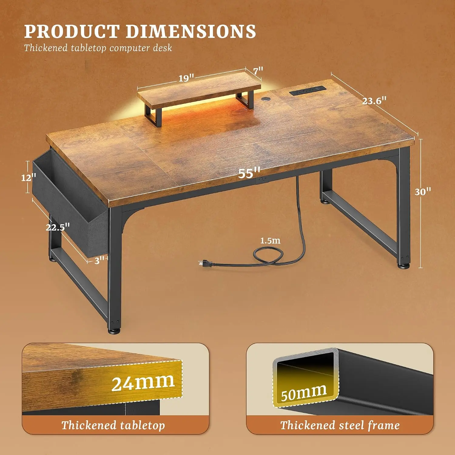 Heavy Duty Computer Desk RGB LED & Power Outlets, Gaming Desk Detachable Stand, 55x24 Inch 24mm 150LBS Home Office, Customized