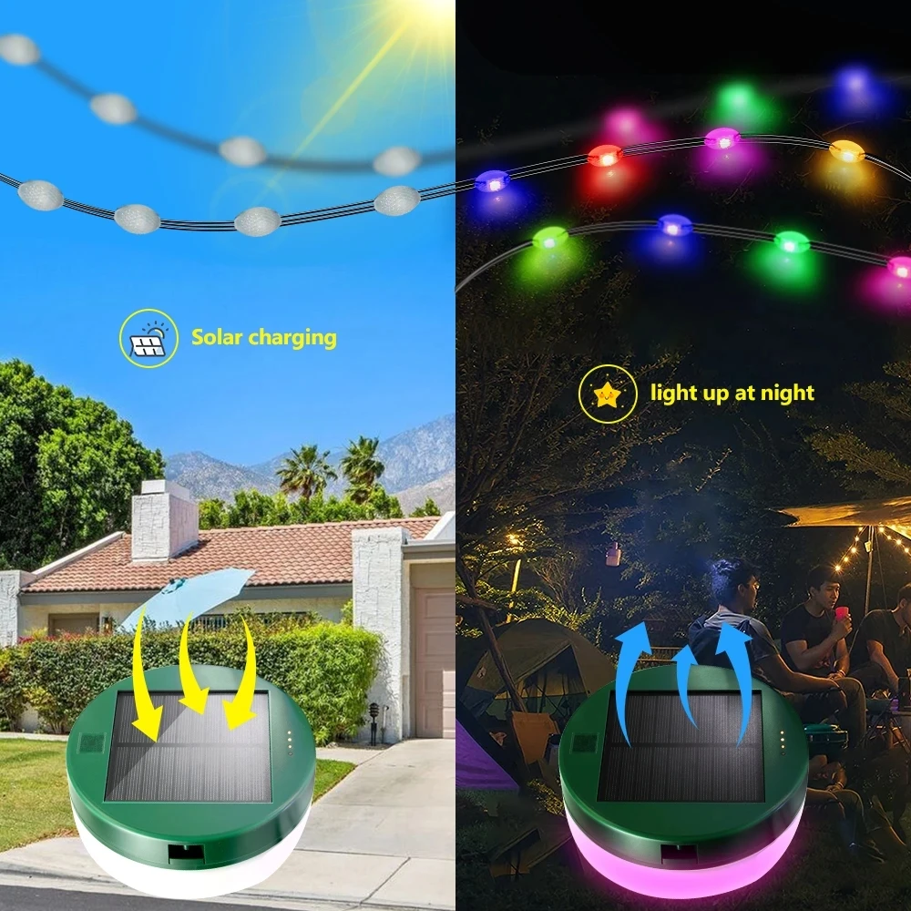 Solar String Lights Outdoor Smart APP Control Camping Rechargeable Waterproof Emergency RGB Tent Solar Garland Garden Lights