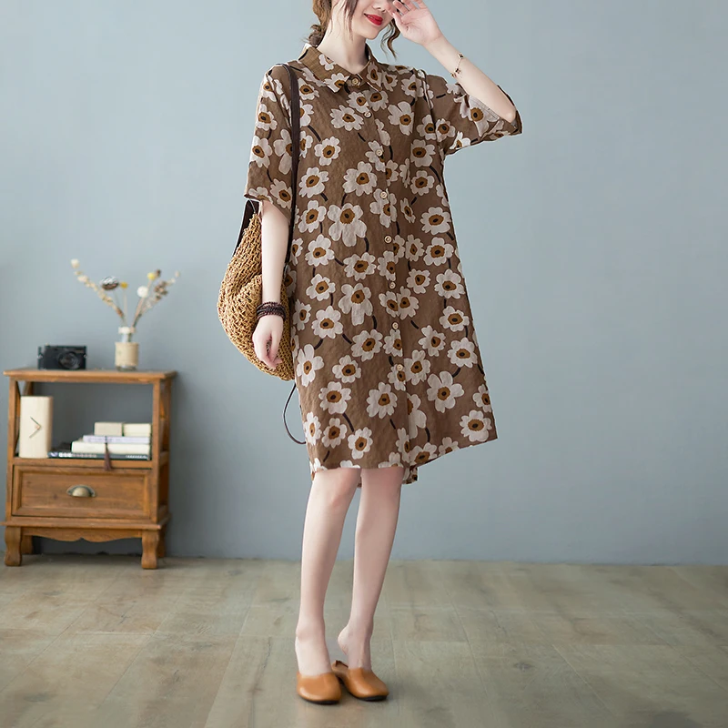 

plus Size Cotton Linen irt Dr Women Summer New Loose Slimming Artistic Print ort Sve Dr Korean Sle Commute Wind