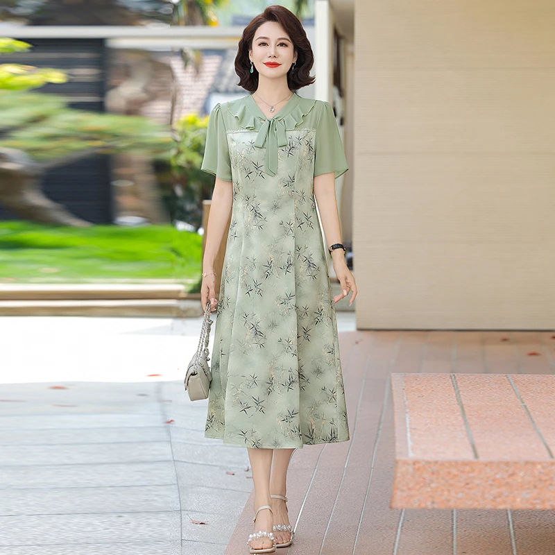 Abito chic da donna Colletto sciarpa Elegante stampa floreale Abiti da ufficio a trapezio Vestido da donna diviso da fata