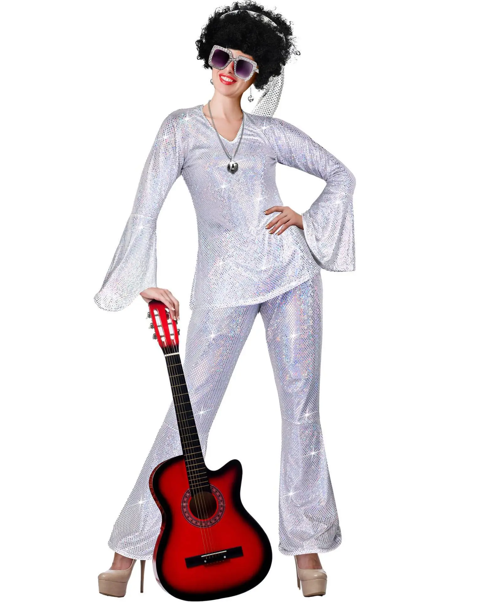 Déguisement Disco Années 70 Femme Complet – Haut, Pantalon, Lunettes, Bijoux et Perruque – photo 3