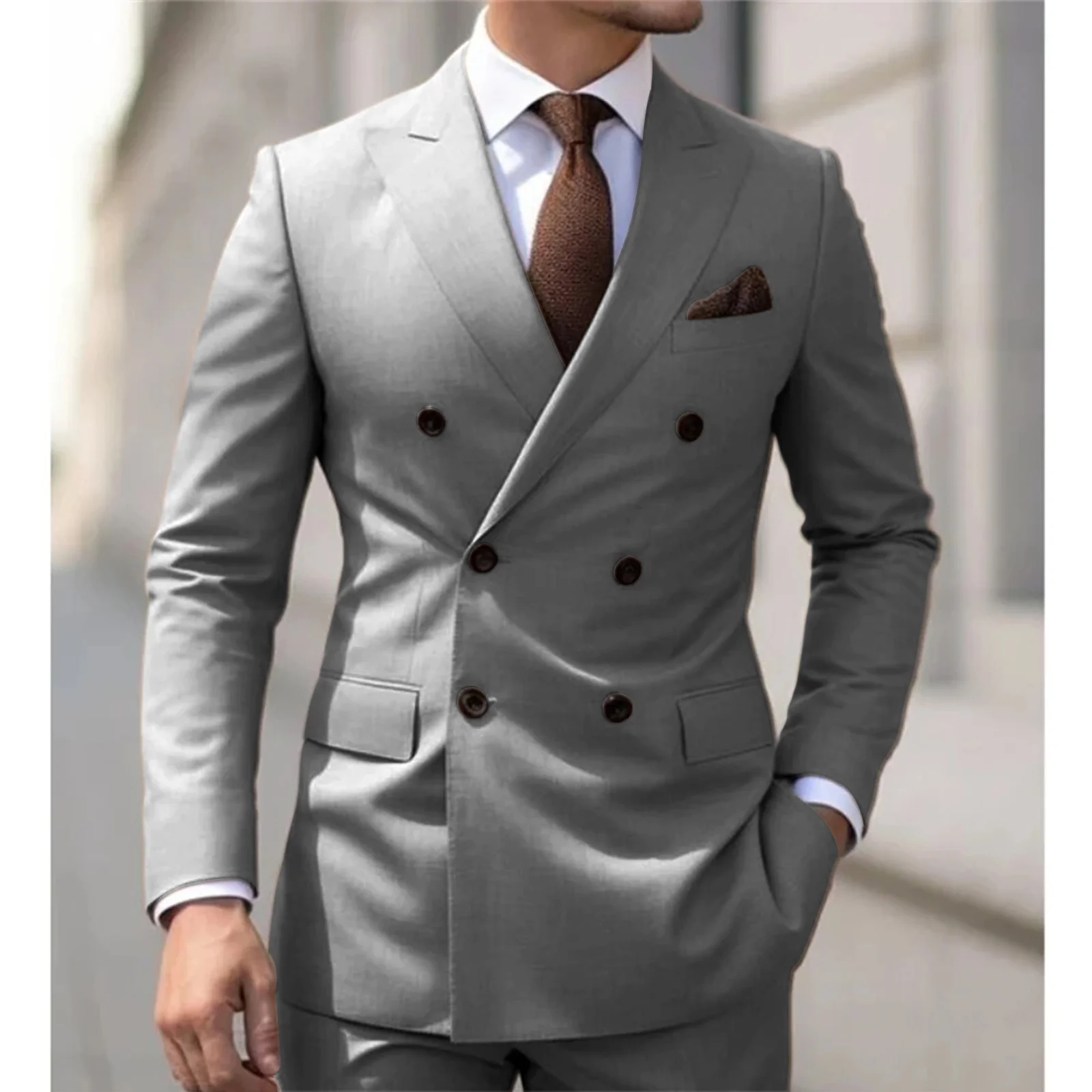 

Casual Double Breasted Peaked Lapel Suit for Men Solid Slim Fit Man 2 Piece Outfit Business Blazer with Pant Tuxedo Traje Hombre