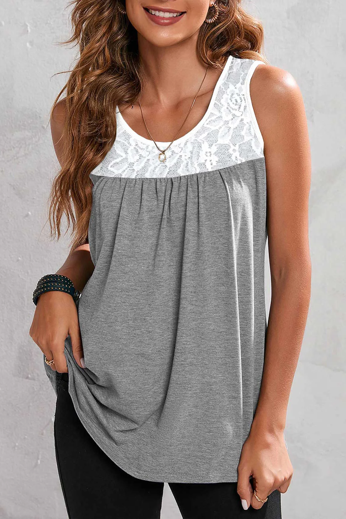 

Plus Size Casual Solid Round Neck Pleated Tank Top
