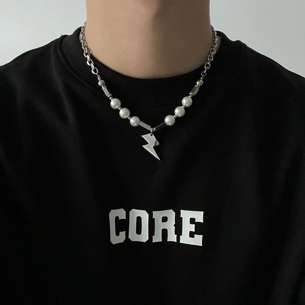 Hip-hop Choker Neck Lightning Shape Pendant Necklace for Women Men Punk Stainless Steel Chain Pearl Necklace Dropshipping