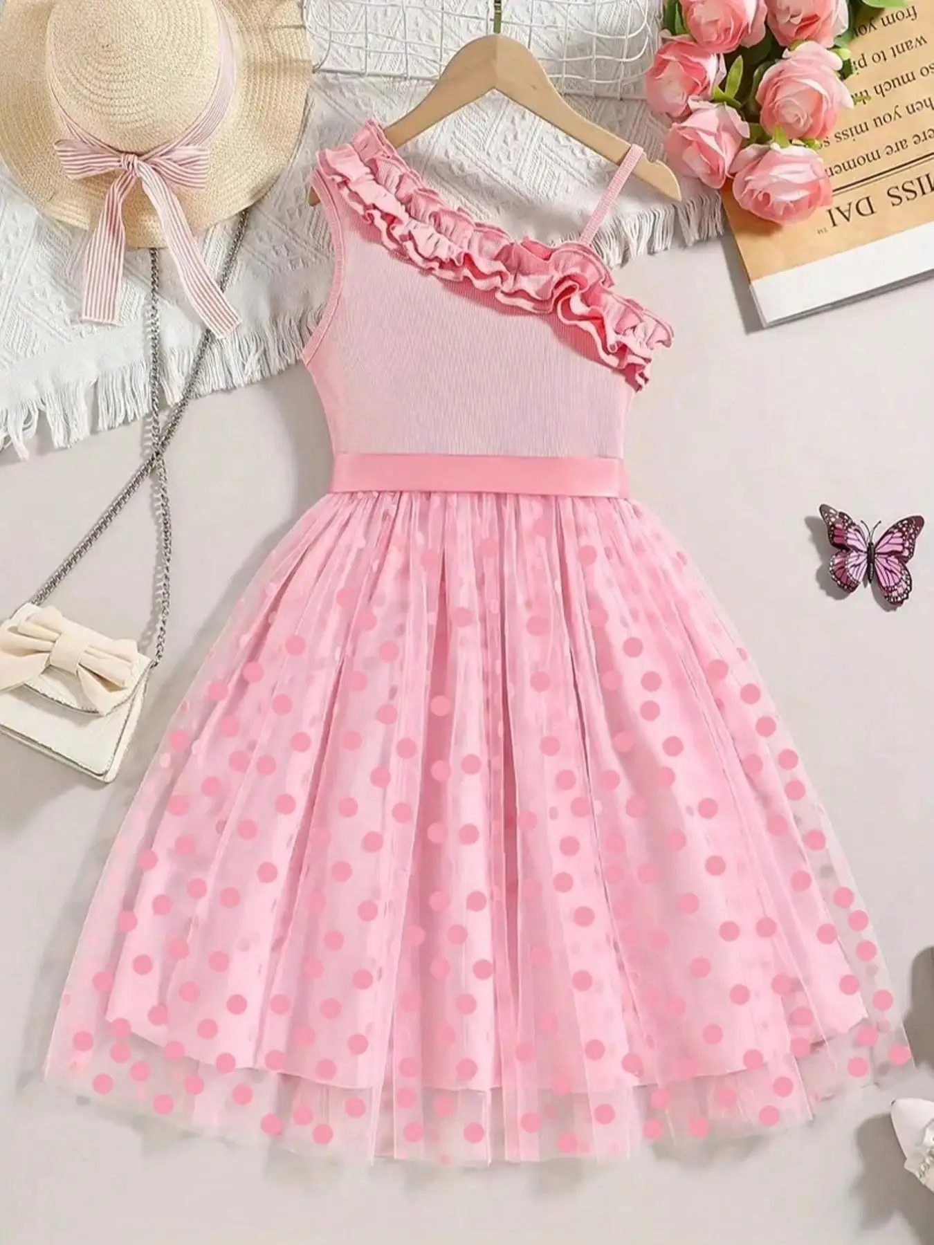 Sommer Mädchen Rüschen-Dekoration Cami Tutu Kleid Prinzessin Mesh Kinderkleid Freizeit Süßer Stil – Detail 8