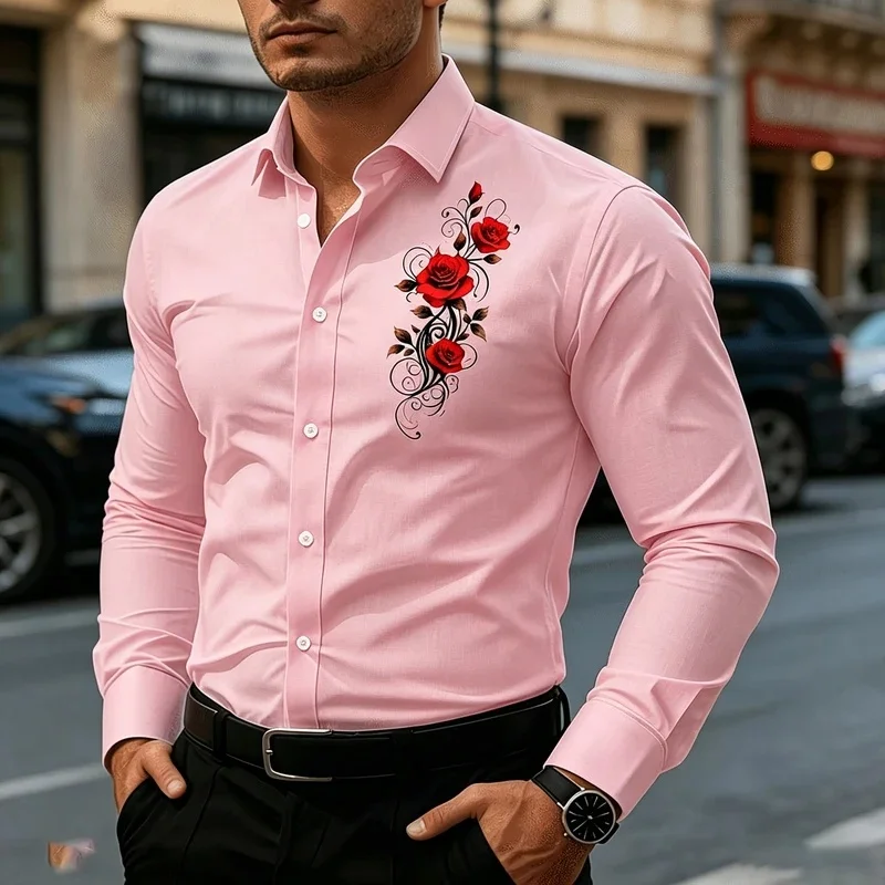 Gentle light pink base retro red rose vine print shirt men's slim fit long sleeve trendy youth versatile top