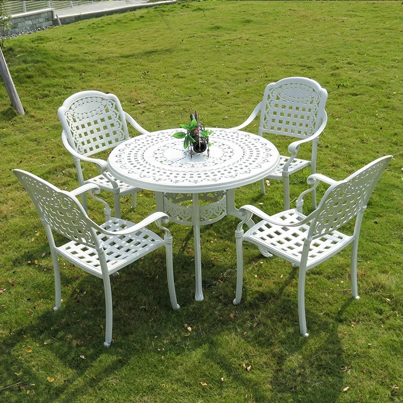 Factory Price Top Quality White Outdoor Courtyard Table Round Cast Aluminum Garden Patio Dining Tables And Chair For 4 Person