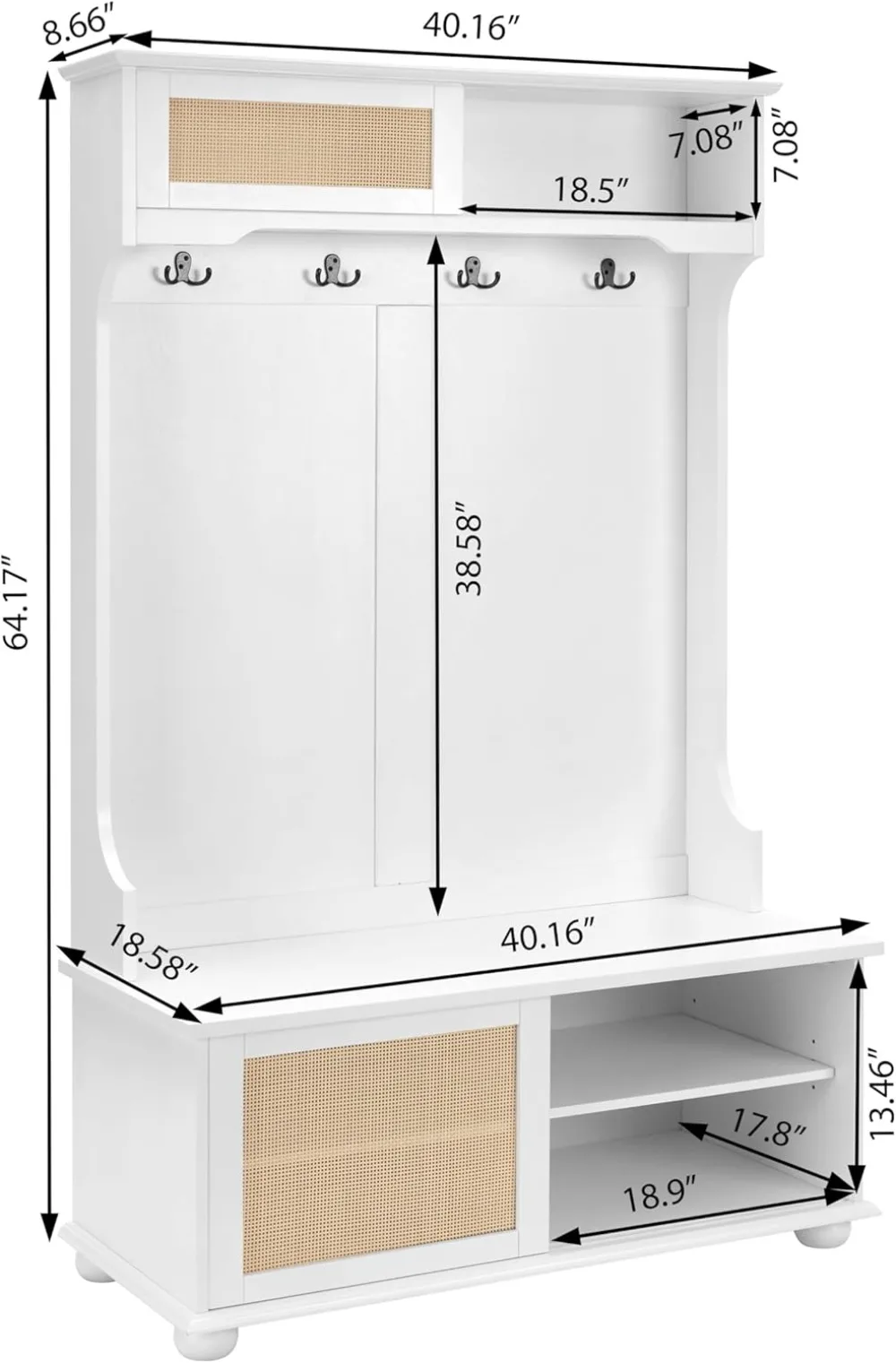 مقعد مدخل ساحلي مقاس 40 بوصة مع مساحة تخزين كبيرة وأقدام من الخشب الصلب، قائم بذاته