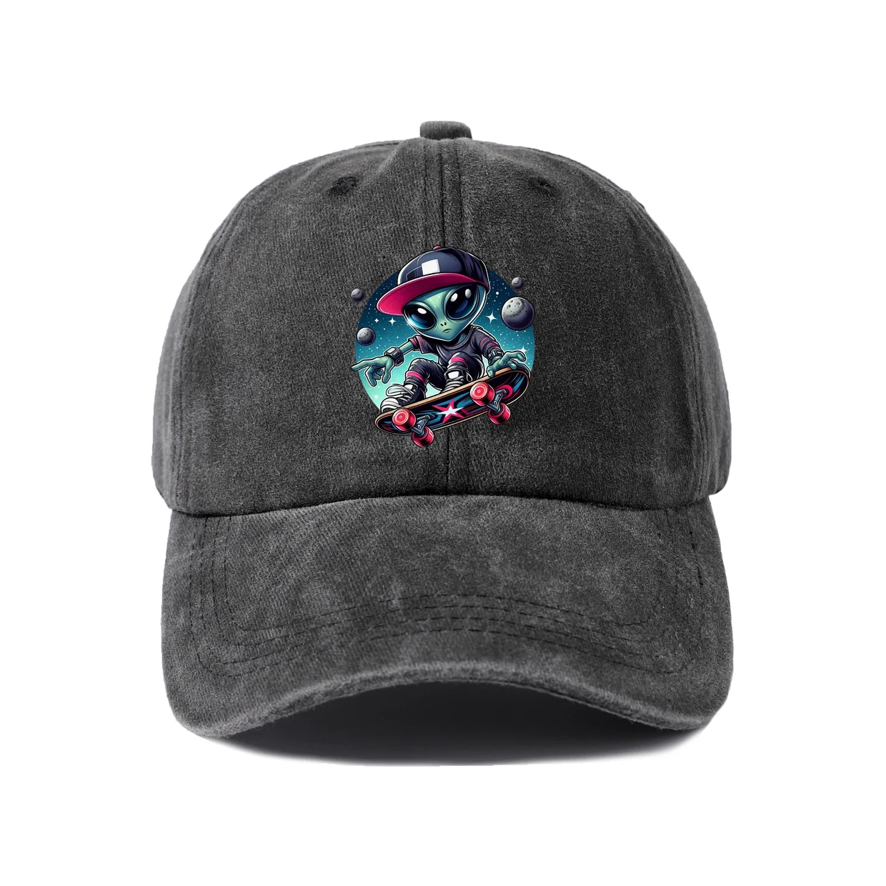 Alien Skateboard Graphic Vintage Washed Baseball Cap, Adjustable Unisex Dad Hat, Casual Gift