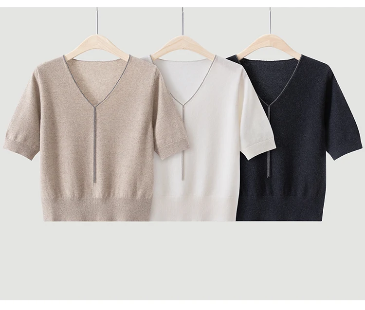 BD3621750 Damen-Pullover aus 100% Kaschmir mit V-Ausschnitt, kurzen Ärmeln, hängendem Kettendetail, weich, dezenter Luxus, elegant, für den frühen Herbst. – Detail 13
