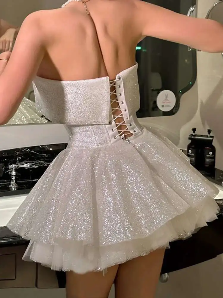 

BabYoung Sexy Strapless Shiny Bandage Women White Backless A-E Dress Female Spring Slim Elegant Party Clubwear Vestidos