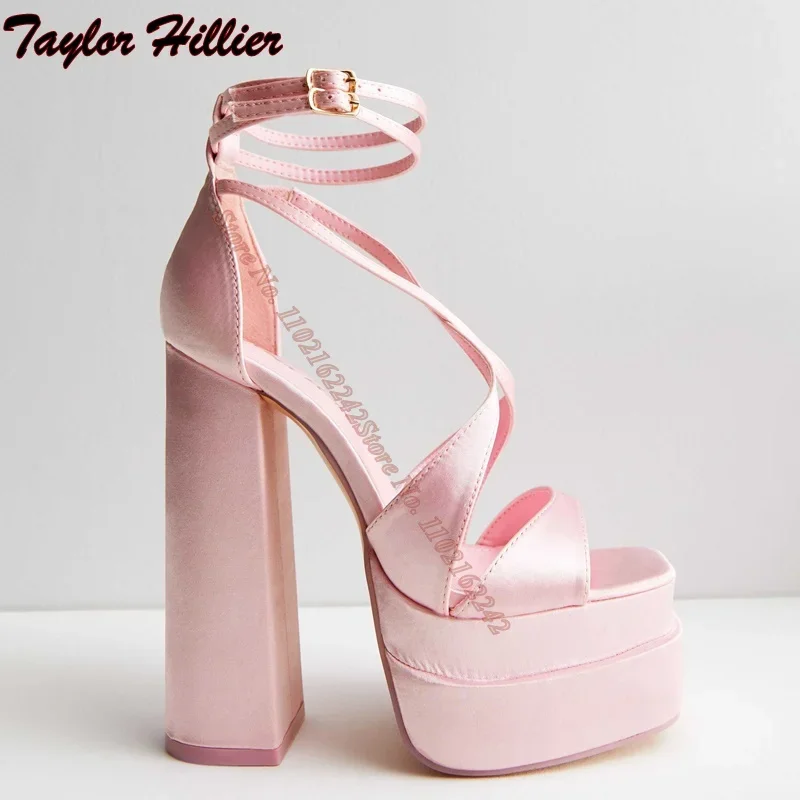 Summer Pink Double-Layer Platform High Heels Square Toe Buckle Strap Thick Heel Wedding Shoes Fashion Dress Elegant Women\'S Shoe