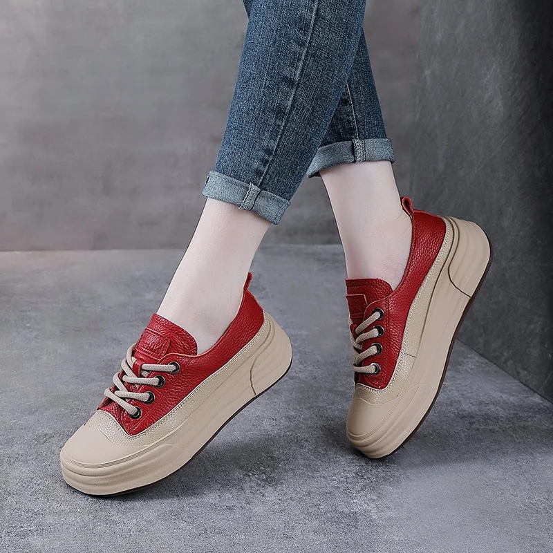 DRKANOL 2024 moda donna scarpe in vera pelle stringate punta tonda piattaforma spessa Sneakers Casual Comfort scarpe basse poco profonde