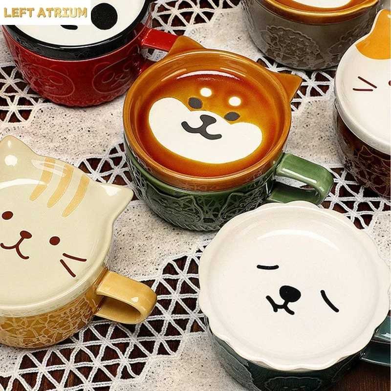 Creative Mug Cute Cartoon Animal Ceramic Mug with Lid Coffee Cup Breakfast Milk Cup Living Room Coffee Table Drinking Utensils