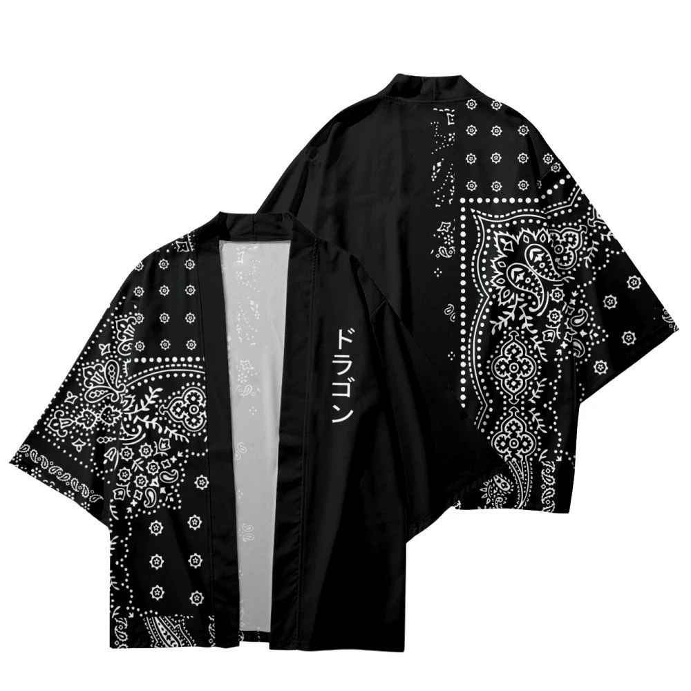 Men's Black Paisley Bandana Print Kimono Cardigan Japanese Streetwear Open Front Short Sleeves Casual Loose Tops for Adult Men