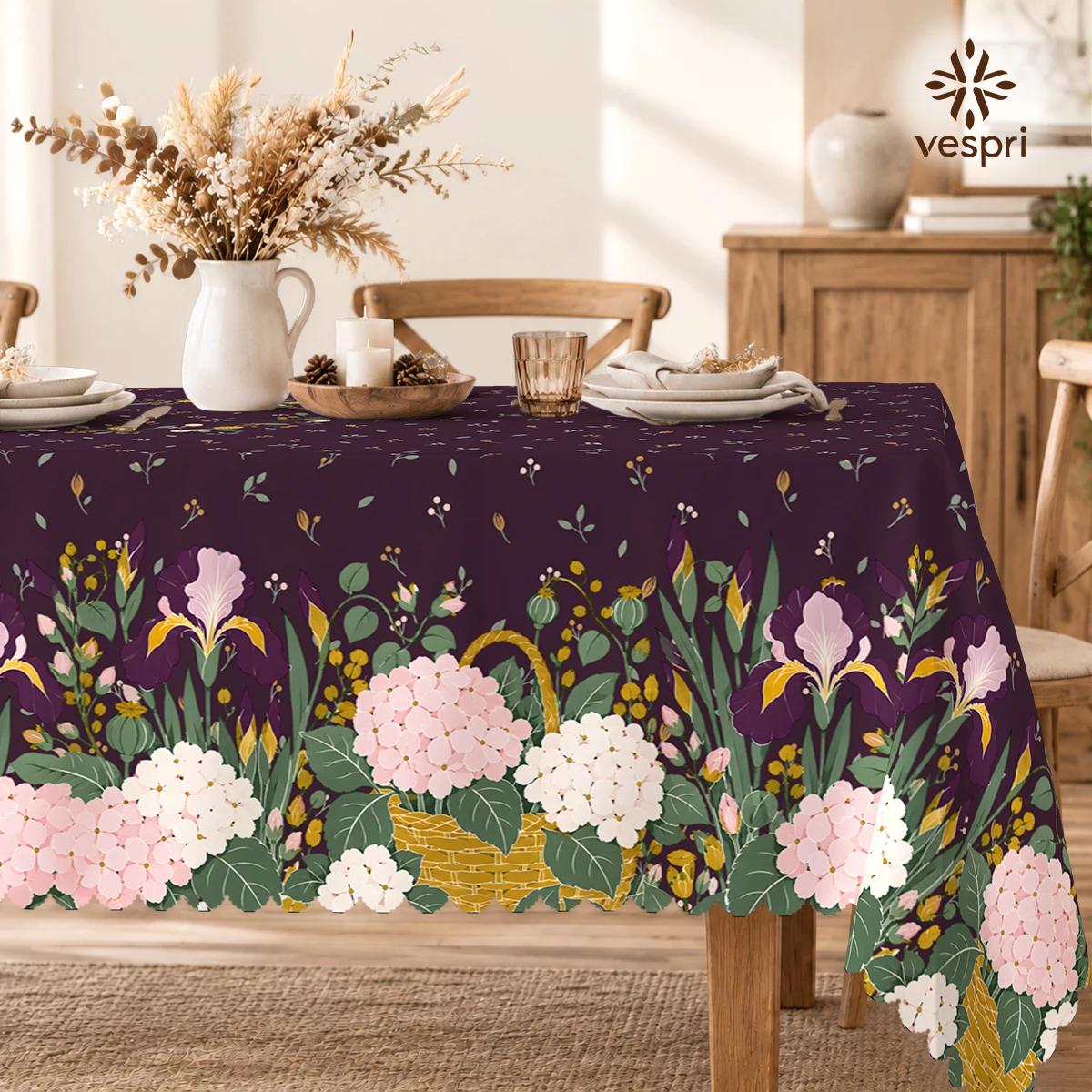 Botanical Tablecloth with Hydrangeas & Garden Leaves for Indoor/Outdoor Camping decor, Rectangular/Round/Oval