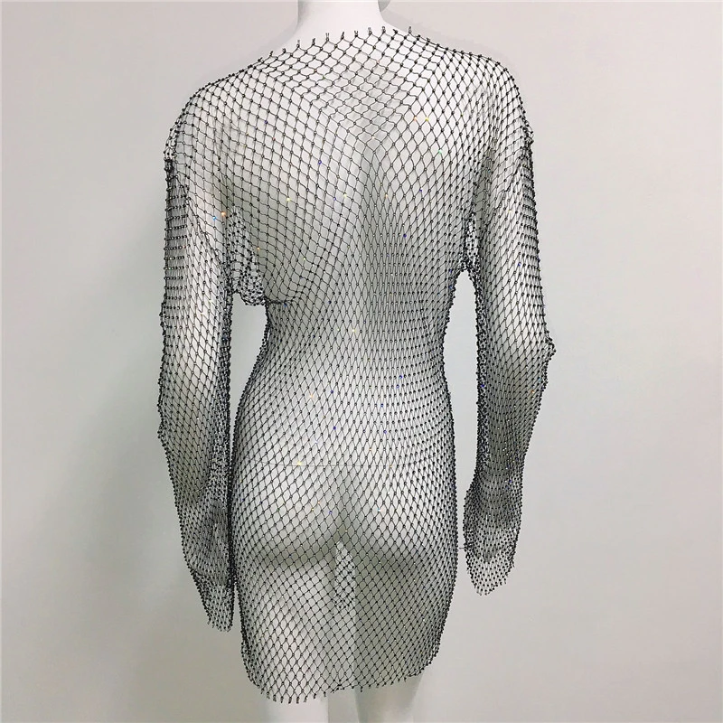 Glänzende Strass Grid Fishnet Kleid Langarm V-ausschnitt Aushöhlen Urlaub Kleid Sexy Strand Cover Up Atmungsaktive Dame Vestidos – Detail 8
