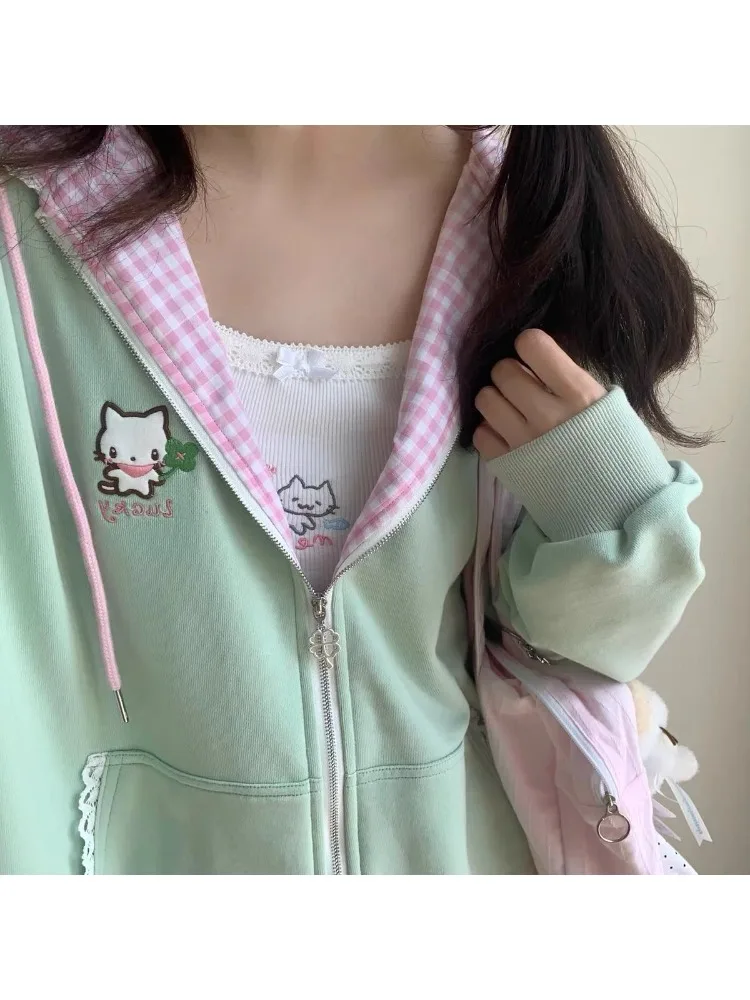 HOUZHOU Kawaii Lace Patchwork Plaid Women Hoodies Sweet Cat Embroidery Japanese Fashion Zipper Hooded Sweatshirt Pocket Loose