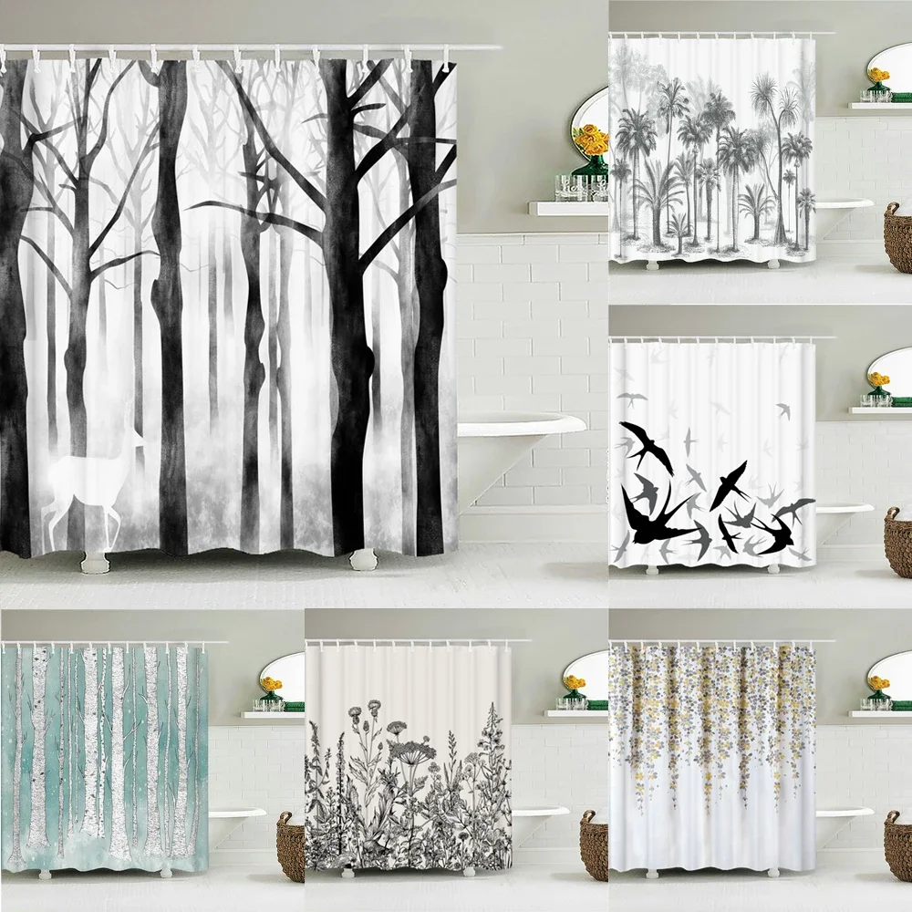 

Waterproof Fabric Shower Curtains Tree leaves White Birch Bathroom Large 240X180 3D Print Decoration Shower Curtain Bath Screen