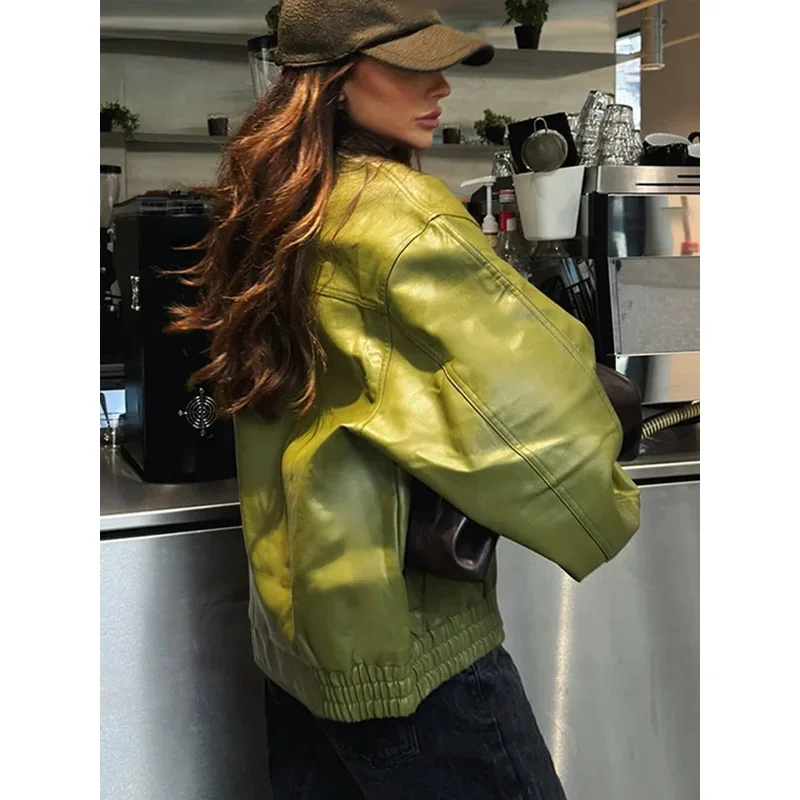 여성용 녹색 PU 가죽 재킷, 라플 지퍼, 루즈 풀 슬리브, 싱글 브레스트 크롭 코트, 2024 뉴 레이디 솔리드 스트리트웨어, 패션