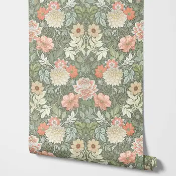달리아 정원 벽지, 큰 꽃 플로라 벽지, 스칸디나비아 컨트리 스타일 벽지
