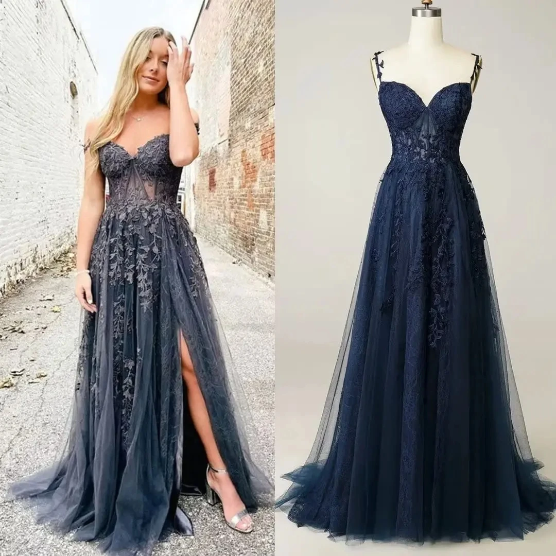 Flora Dress Elegant Tulle Off The Shoulder Prom Dresses Spaghetti Straps Sweetheart Appliques Backless High Slit Evening Gowns