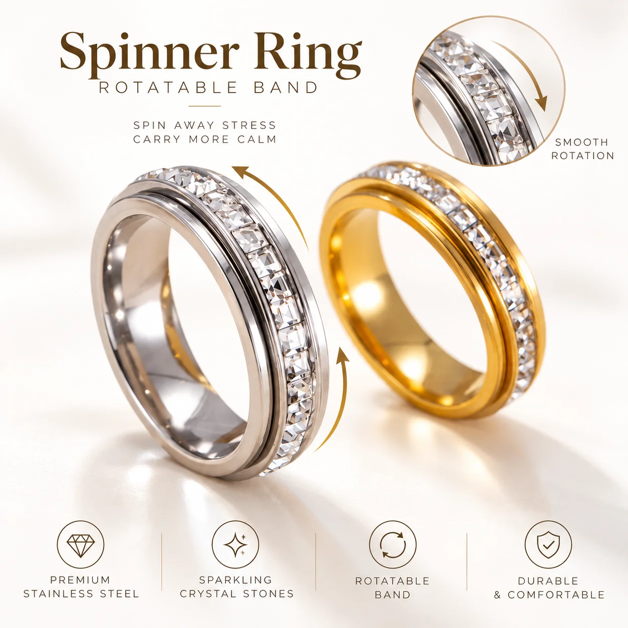 6mm Stainless Steel Spinner Ring Rotatable Crystal Band for Men Women Stress Relief Fidget Jewelry Gold Silver