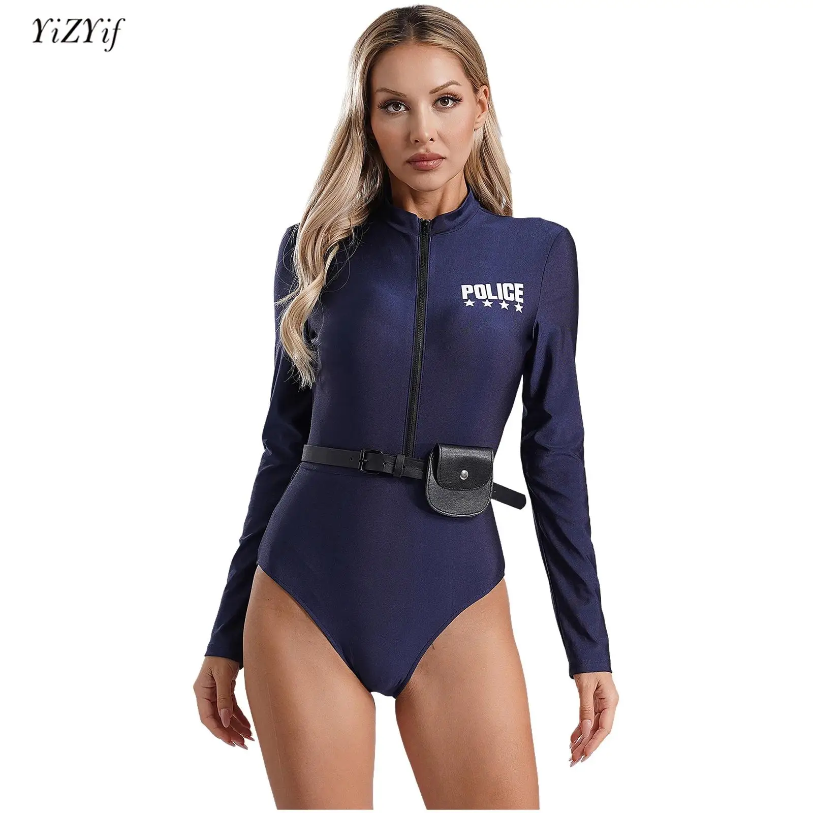 

Womens Dirty Cop Policewoman Cosplay Costume Long Sleeve Print Zipper Bodysuit+Belt+Purse Set Police Uniform Suit for Halloween