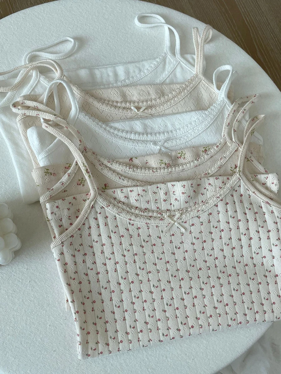 Summer New Y2k Women Floral Eyelet Bow Cotton Crop Tops Lace Trim Sleeveless Slim Tank Top Female Sweet Camisole Clothes