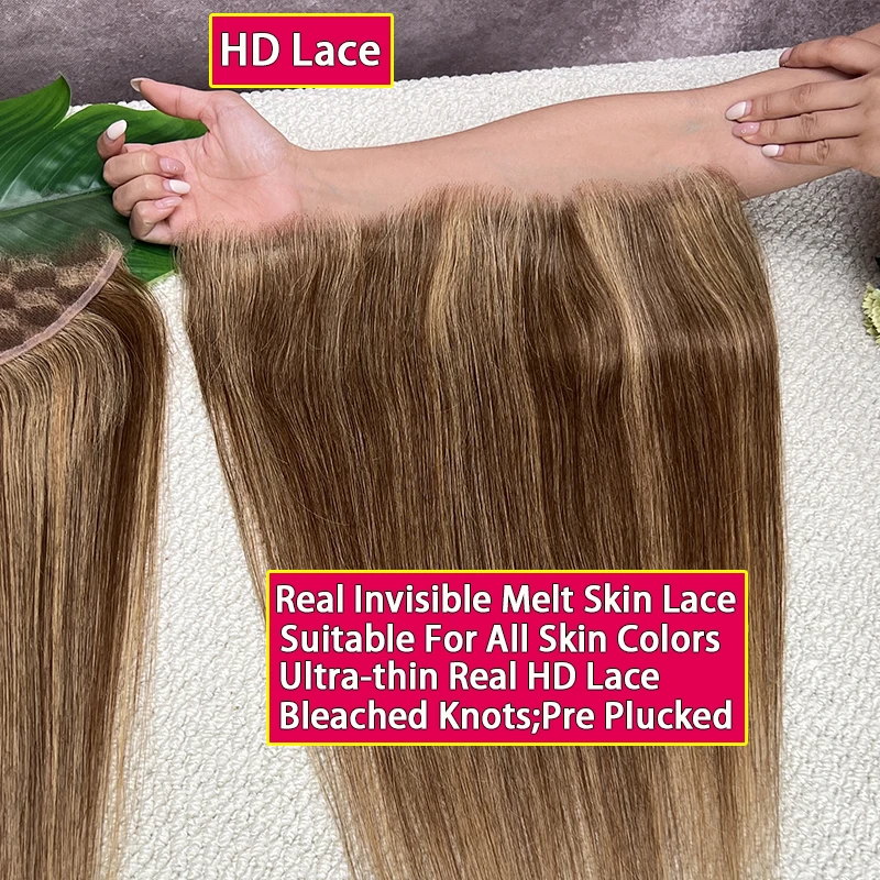 #P427 Highlight Color Straight Hair 13x4 HD Lace Frontal Pre Plucked Melt Skins Invisible HD Lace 100% Raw Virgin Human Hair