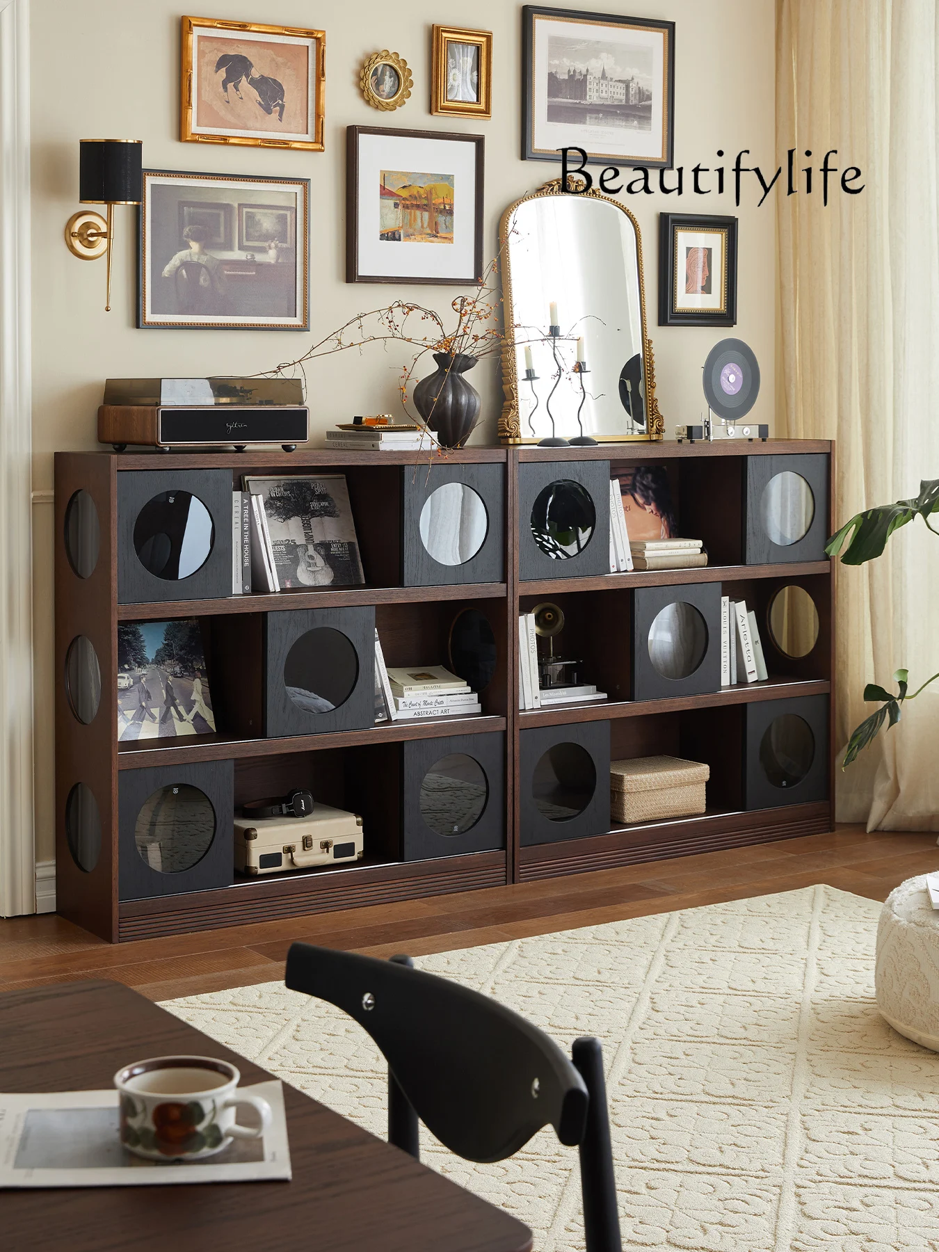 

French vintage solid wood storage cabinet with integrated sideboard with glass doors