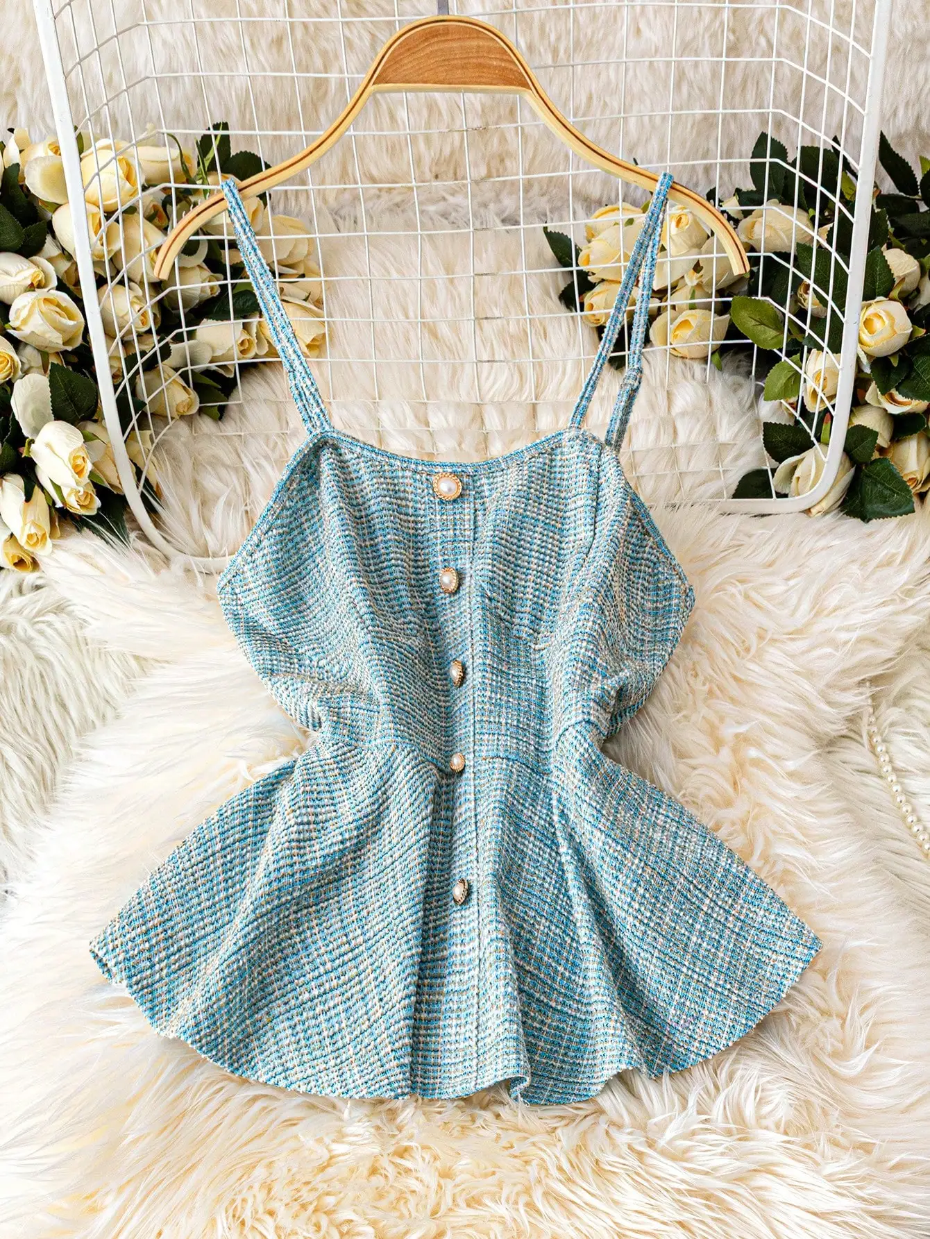 Elegante Top de Tweed para Mujer de Oficina, Estilo Coreano, Chaleco a Cuadros Dulce, Ropa de Fiesta de Verano, Blusa Sexy sin Espalda y sin Mangas