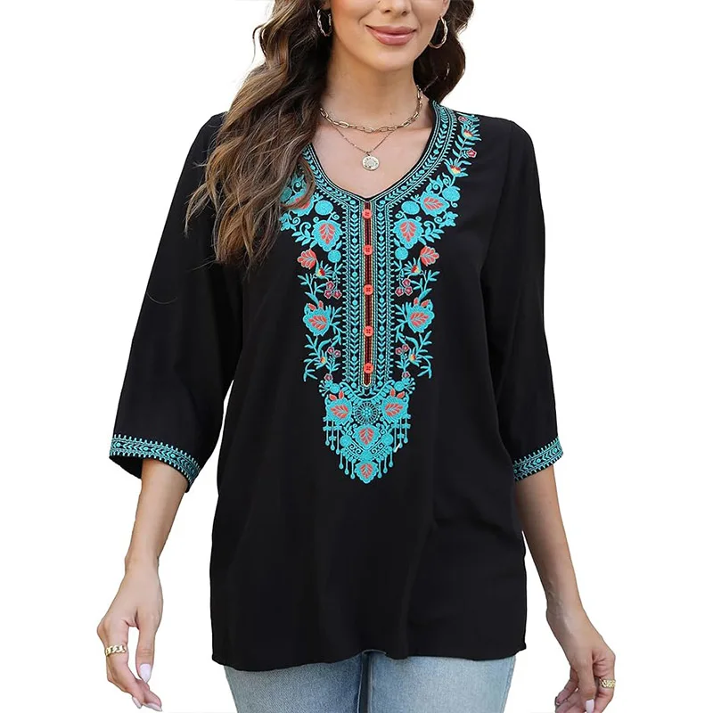 Eaeovni Women\'s Boho Embroidered Tops Mexican Peasant Shirt Traditional Bohemian 3/4 Sleeve Clothes Tunic Blouse