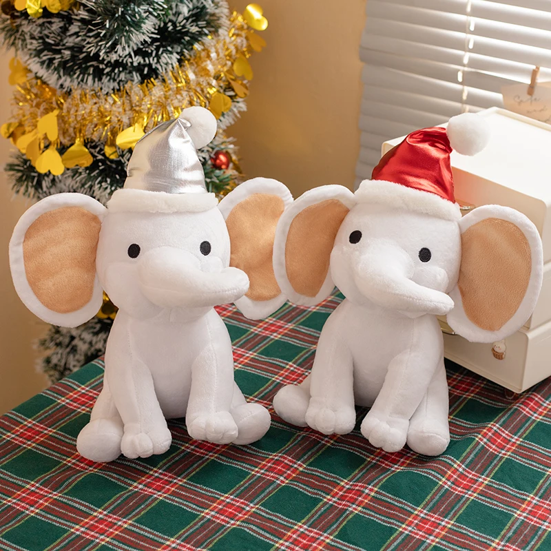 Elephant plush toys wearing Christmas hats enhance festive atmosphere and creative home decoration design