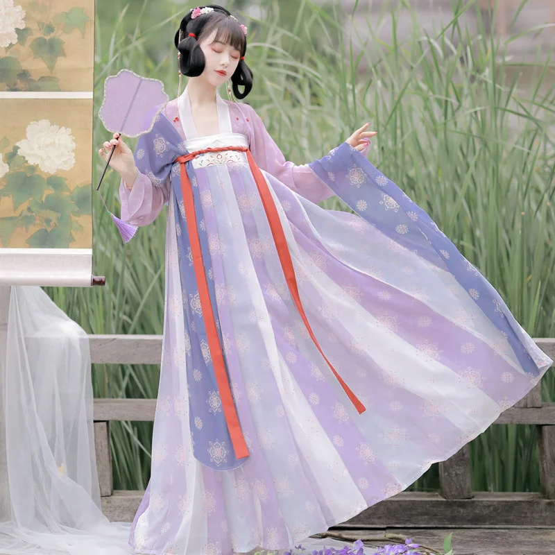 Handmade Hanfu Purple Traditional Chinese Women's Elegant Ancient Costume Tang Dynasty Summer 3 Piece Set Chiffon Daily Wear